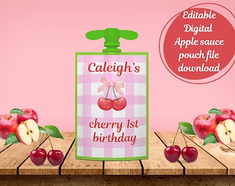 Cherry 1st Birthday Apple  Sauce Pouch Label -Editable