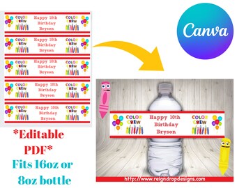 Etiquetas para botellas de agua inspiradas en Color Crew (editables)