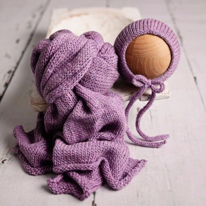 Newborn Photography Knit Wrap & Bonnet Purple Iris