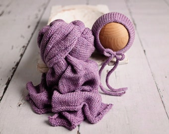 Newborn Photography Knit Wrap & Bonnet Purple Iris