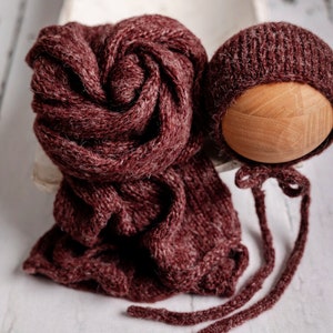 Newborn Photography Knit Wrap & Bonnet Dark Cranberry