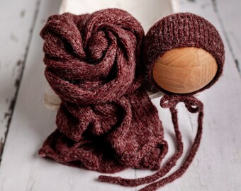Newborn Photography Knit Wrap & Bonnet Dark Cranberry
