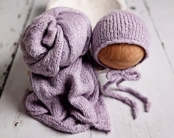 Newborn Photography Knit Wrap & Bonnet Wisteria