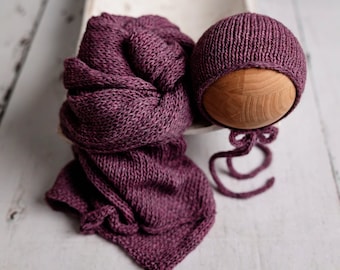 Newborn Photography Knit Wrap & Bonnet Amethyst