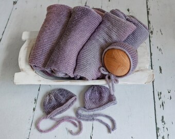 Newborn Photography Knit Wrap & Simple Bonnet Purple Blue Gradient