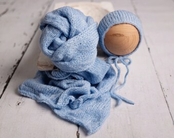 Newborn Photography Knit Wrap & Bonnet Arctic Blue