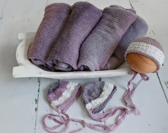 Newborn Photography Knit Wrap & Lace Bonnet Purple Blue Gradient