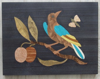 Vogel-Intarsien-Plakette: Holz-Intarsien-Mosaik-Wand-Kunst