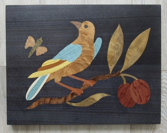 Holz Intarsien Vogel Plakette: Mosaik-Wanddekor