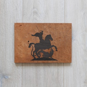 Saint George and the Dragon, religious art, wood inlay, wood mosaic, wooden icon