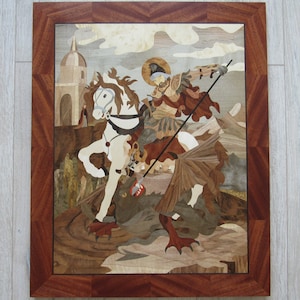 CUSTOM Saint George and the Dragon, wood inlay, marquetry, wood mosaic