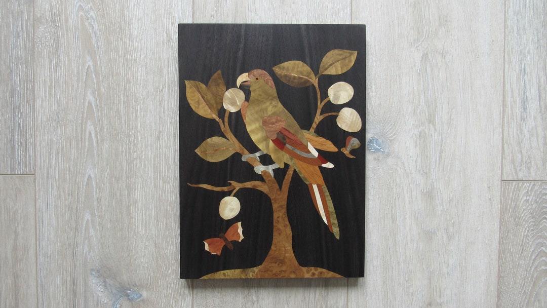 Bird on a Tree, Wood Mosaic Art, Wood Inlay, Marquetry, Parrot Wood