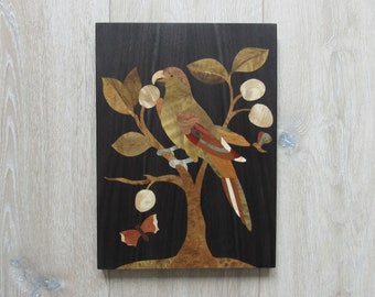 Papageien-Holz-Mosaik-Kunst: Intarsien-Vogel-Wandbild