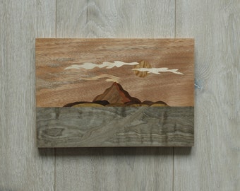 Imagen personalizada de madera de montaña de volcán, decoración colgante de pared de erupción volcánica, regalo de inauguración de la casa