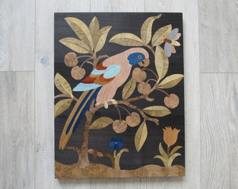 Vogel auf einem Baum Holz Inlay, Papageien Holz Mosaik Wandbehang