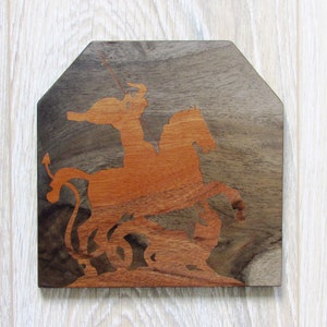 Saint George and the Dragon, Orthodox Byzantine icon, Religious wall Art, Ukrainian wood mosaics
