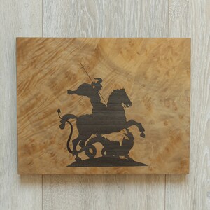 CUSTOM Saint George Drache, religiöse Wanddekoration, christliche Kunst, Intarsien, Holzintarsienkunst