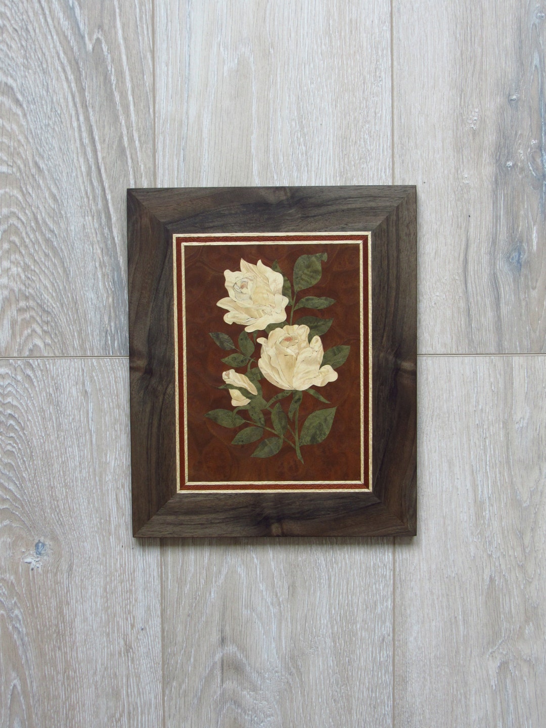 Wood Wall Art Roses, Flower Piece, Inlay Roses, White Roses, Marquetry