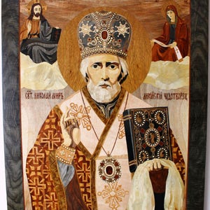 Icon of Saint Nicholas, Orthodox  icon, Byzantine icon, mosaic icon, wood mosaic , religious wall art , religious home decor, marquetry