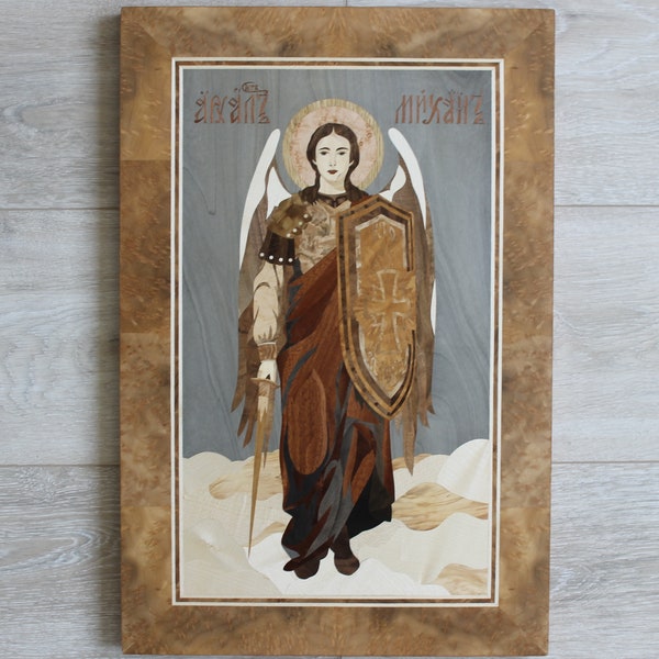 CUSTOM Archangel Michael mosaic wood Orthodox icon, religious icon, religious gift, inlay wood icon, religious home decor, byzantine icon