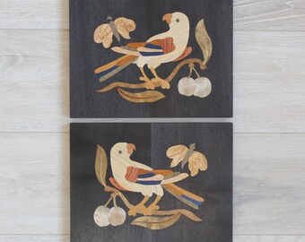 Papagei Intarsien Mosaik Diptychon: Handgefertigter Holz Wandbehang