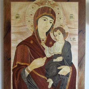 Custom Jungfrau Maria Holz Ikone, religiöse Wandkunst, Mosaik Holz Ikone