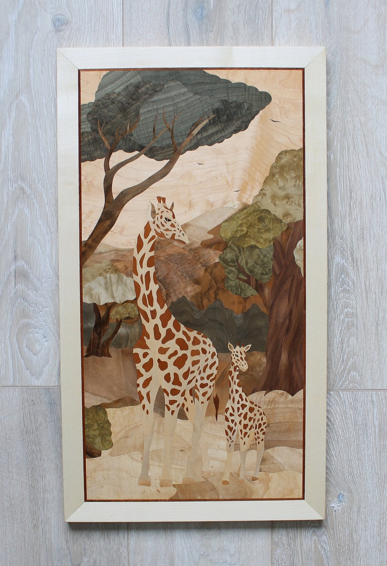 Giraffes Wood Wall Decor, Giraffe Wood Mosaic, African Animal Wall