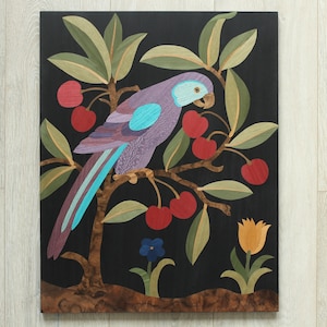 Bird on a tree, wood mosaic, wood inlay, parrot wood wall plaque, bird wood wall art, marquetry