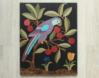Handgefertigte Papageienholz Mosaik Wandkunst: Intarsien Vogel Plakette
