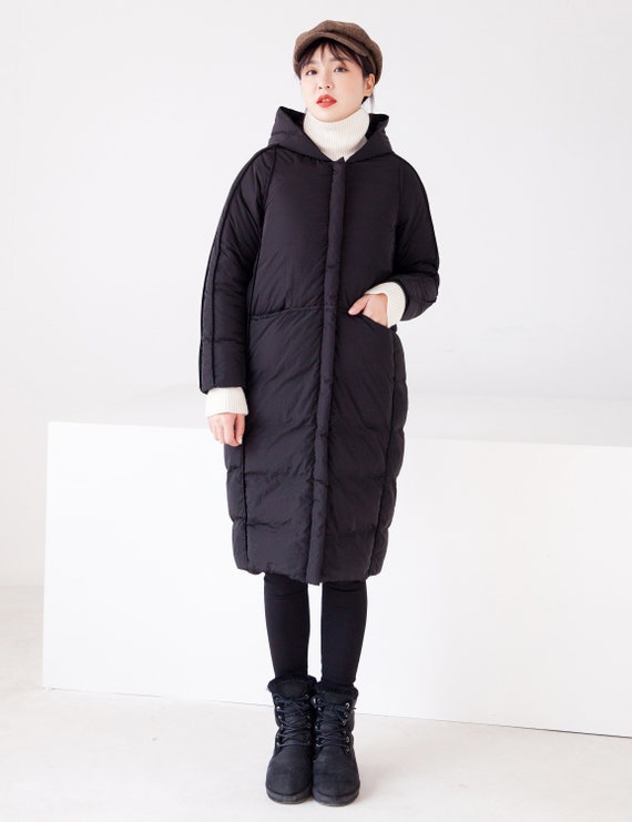 Women Black Down Coat Thickened Loose Long Style Hooded Etsy