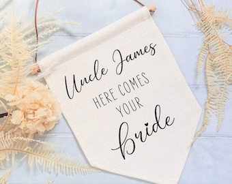 Personalised Here Comes Your Bride Wedding Linen Style Flag Banner Sign - Page Boy Sign, Flower Girl Sign, Uncle, Daddy, Wedding Aisle Decor