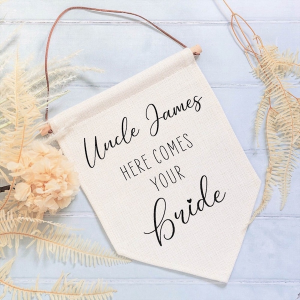 Personalised Wedding Sign | Custom Here Comes The Bride Linen Flag Pennant | Page Boy Flower Girl Ring Bearer Sign | Wedding Aisle Decor