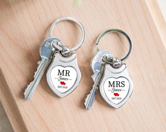 Personalised Mr & Mrs Pair Of Heart Metal Keyrings - Sentimental Romantic Keepsake Gift For Couples, Wedding, Anniversary