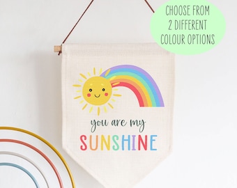 You Are My Sunshine Rainbow Linen Style Hanging Flag Pennant Sign Gift - New Baby, Kids Room, Wall Art, Banner, Door Hanger, Nursery Decor