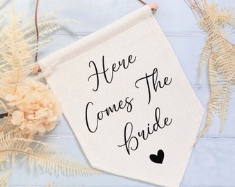 Here Comes The Bride Wedding Linen Style Flag Banner Sign - Page Boy Sign, Flower Girl Sign, Wedding Aisle Decor