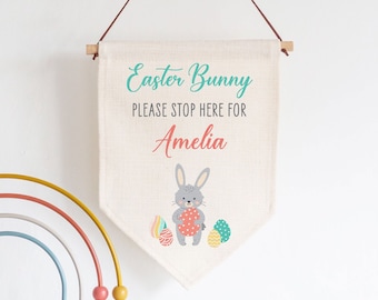 Personalised Easter Bunny Stop Here Linen Style Hanging Flag Pennant Sign Gift - Kids Room, Banner, Door Hanger, Easter Decoration