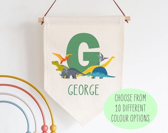 Gepersonaliseerde dinosaurussen naam linnen stijl hangende vlag wimpel teken cadeau - baby kinderkamer, kunst aan de muur, banner, deurhanger, kinderkamer decor