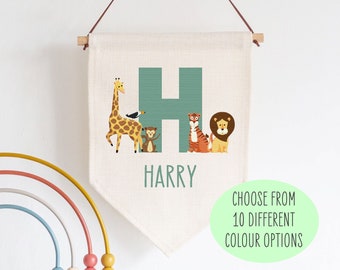 Personalised Safari Jungle Name Linen Style Hanging Flag Pennant Sign Gift - Baby Kids Room, Wall Art, Banner, Door Hanger, Nursery Decor