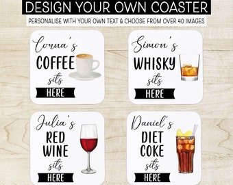 Personalised Name Drink Sits Here Coaster Mat Gift - Birthday, Secret Santa, Home Bar, Tea, Coffee, Wine, Beer, Cocktails, Prosecco, Rum