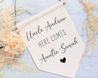 Personalised Wedding Sign | Custom Here Comes The Bride Linen Flag for Page Boy Ring Bearer Flower Girl | Wedding Walk Down The Aisle Decor