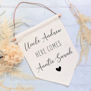 Personalised Here Comes The Bride Linen Flag | Wedding Sign to Carry for Page Boy or Flower Girl | Walk Down The Aisle Banner or Decor