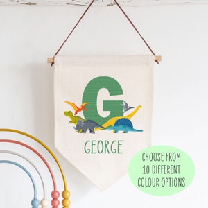 Personalised Dinosaurs Name Linen Style Hanging Flag Pennant Sign Gift - Baby Kids Room, Wall Art, Banner, Door Hanger, Nursery Decor