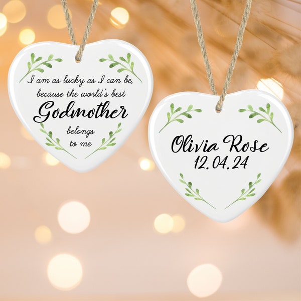 Personalised Godmother Ceramic Heart Hanging Christmas Tree Bauble Decoration Ornament - Sentimental Keepsake Gift, Christening, Godchild