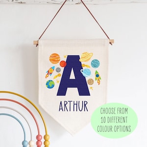 Personalised Space Themed Linen Sign | Custom Name Banner for Kids Bedroom | Gift for Newborn Nursery | Playroom Hanging Flag Decor