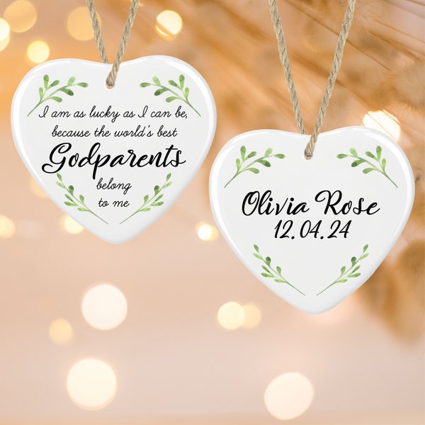 Personalised Godparents Ceramic Heart Hanging Christmas Tree Bauble Decoration Ornament - Sentimental Keepsake Gift, Christening, Godchild