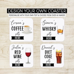 Personalised Name Drink Sits Here Coaster Mat Gift - Birthday, Secret Santa, Home Bar, Tea, Coffee, Wine, Beer, Cocktails, Prosecco, Rum