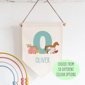 Personalised Custom Kids Name Farm Animals Linen Flag | Unique Fabric Bedroom Sign for Boy or Girl Bedroom | Bespoke Baby Nursery Banner