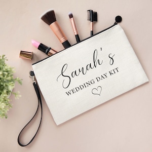 Personalised Wedding Day Kit Name Linen Style Make Up Bag Pouch - Gift For Bride, Wedding Morning Supplies, Hen Party, Bridal Shower