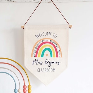 Personalised Teacher Rainbow Classroom Linen Style Hanging Flag Pennant Door Sign Gift - Thank You Gift for Teacher, End Of Term, Christmas