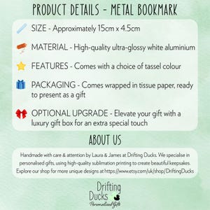May include: White metal bookmark, approximately 15cm x 4.5cm, with product details. Made from high-quality, ultra-glossy white aluminium, it features a choice of tassel colour. Comes wrapped in tissue paper, ready to gift.